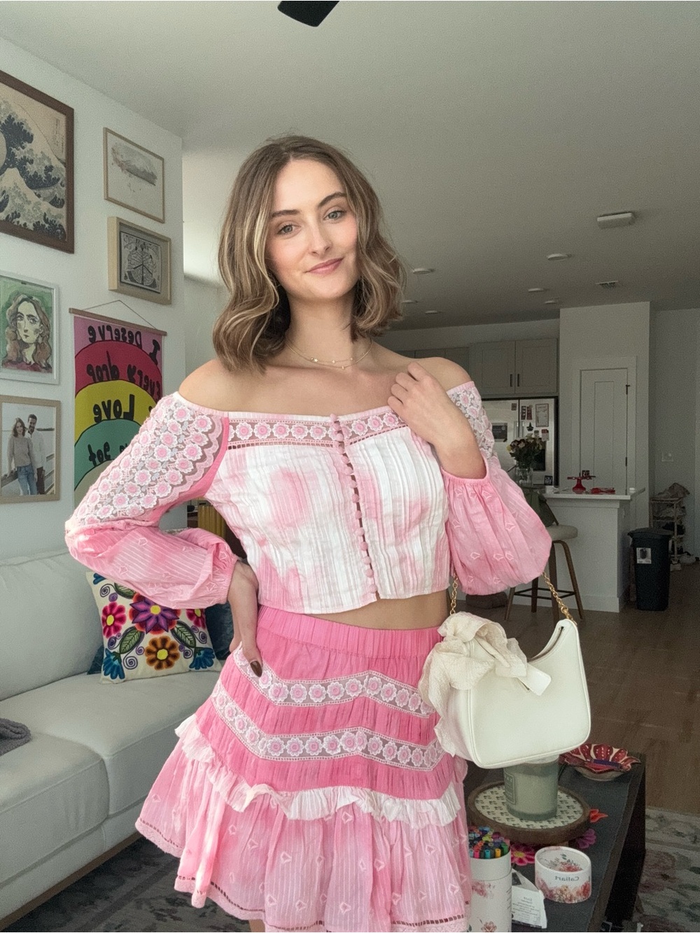 LoveShackFancy Pink Off-Shoulder Lace-Trim Crop Top & Tiered Skirt Set